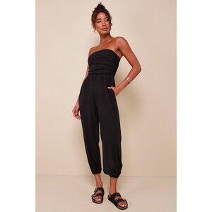 Lulus Flawless Comfort Black Ruched Strapless Jogger Jumpsuit - Size S